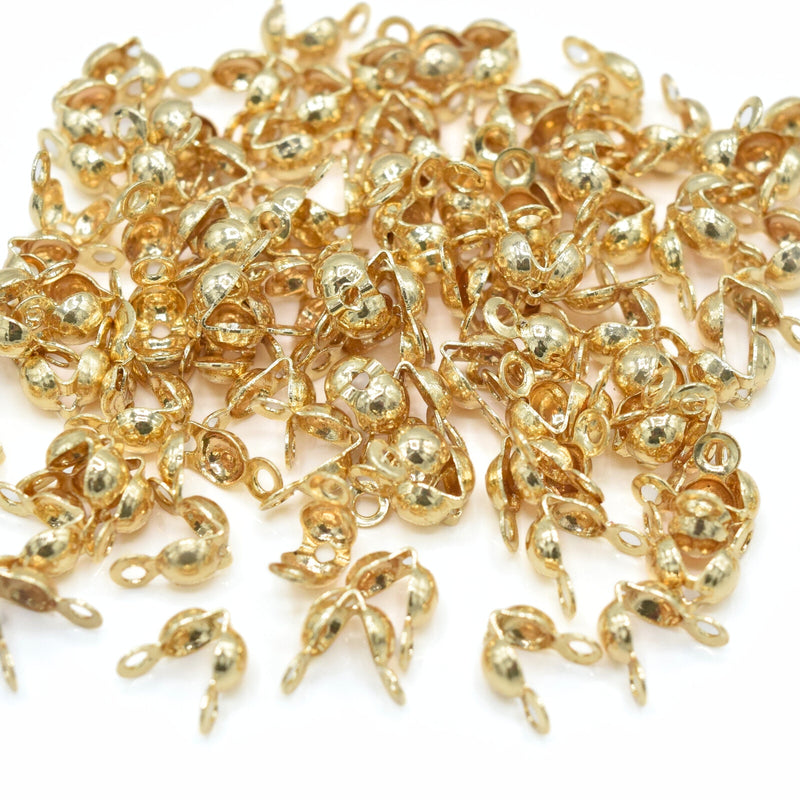50 x Brass Crimp Cover Tip Clamshell Beads 3x6mm - 18k Gold Plated
