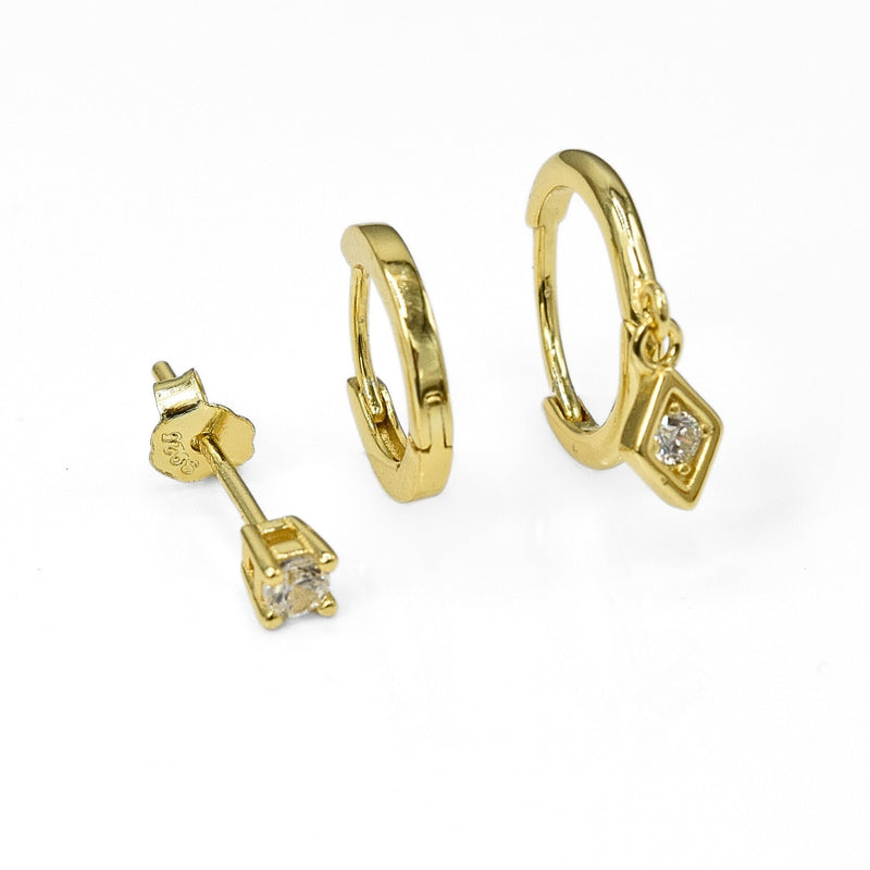 3 Piece Zirconia Diamond Hoop & Stud Earrings Set