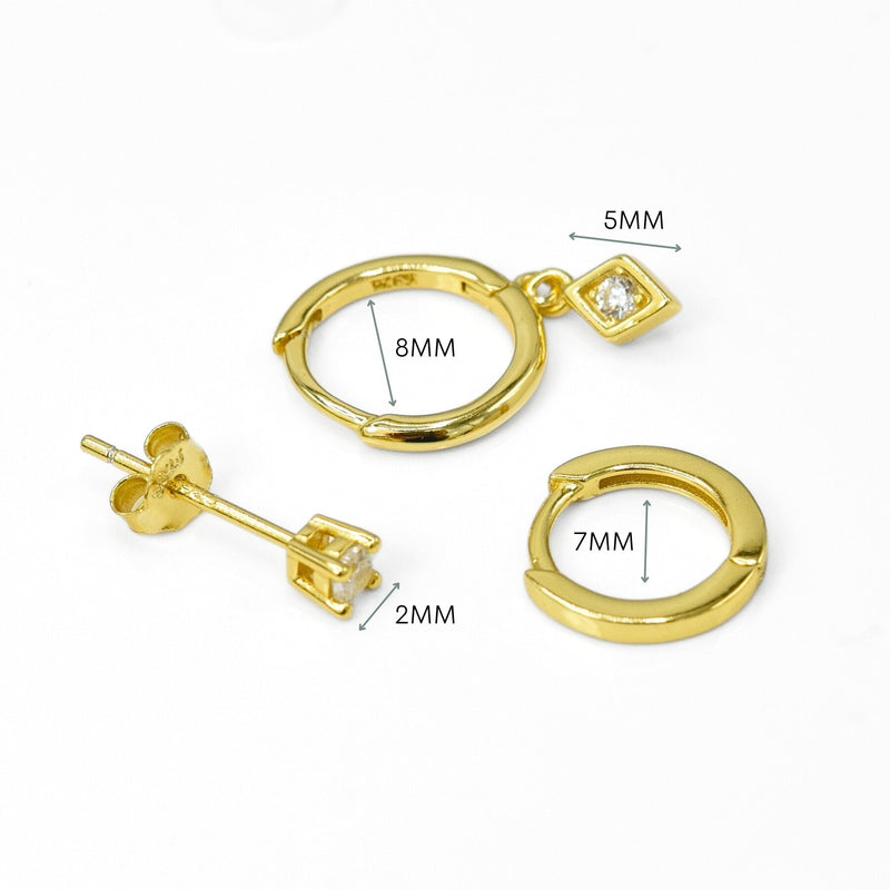 3 Piece Zirconia Diamond Hoop & Stud Earrings Set