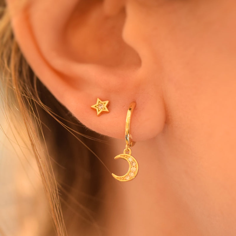 3 Piece Star & Moon Hoop & Stud Zirconia Earrings