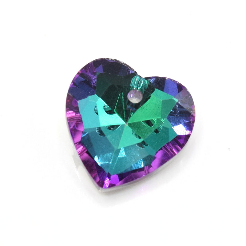 10 x Faceted Table Cut Glass Heart Pendants Silver Plated 14mm - Green / Purple