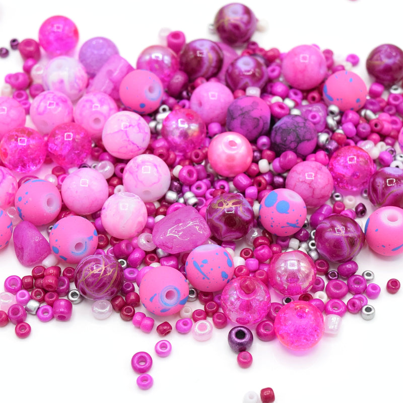 80g x Mixed Shape, Type and Size Glass Beads - Hot Pink