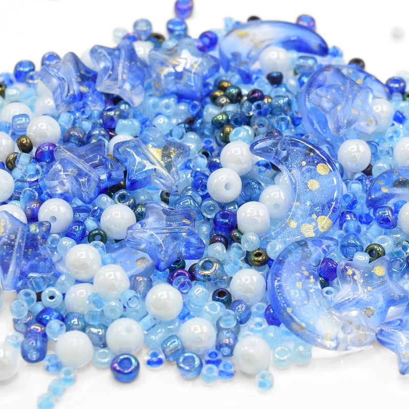 50g x Mixed Star & Moon, Type and Size Glass Beads - Blue