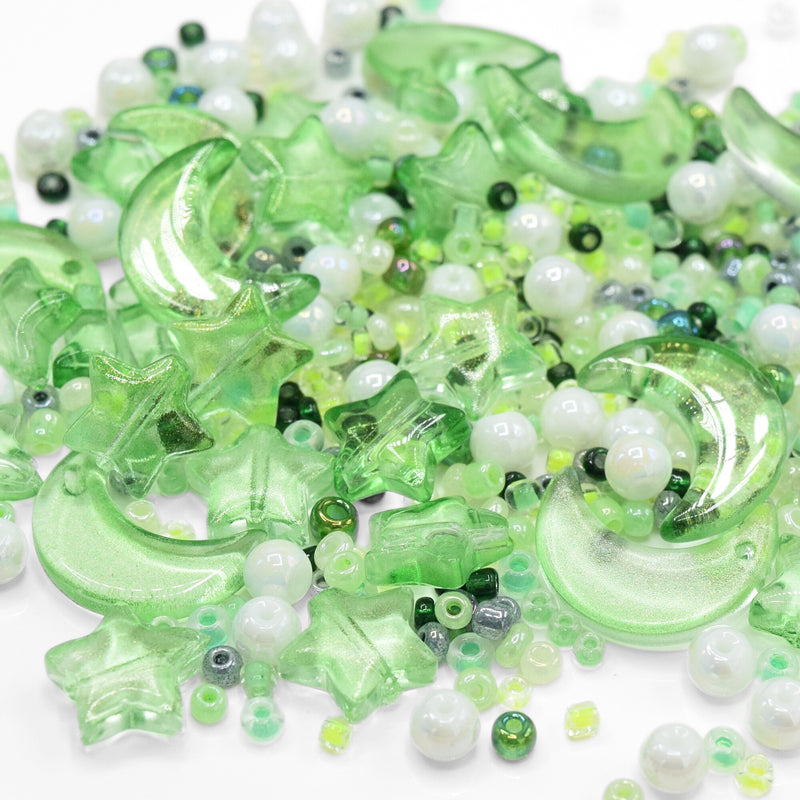 50g x Mixed Star & Moon, Type and Size Glass Beads - Green