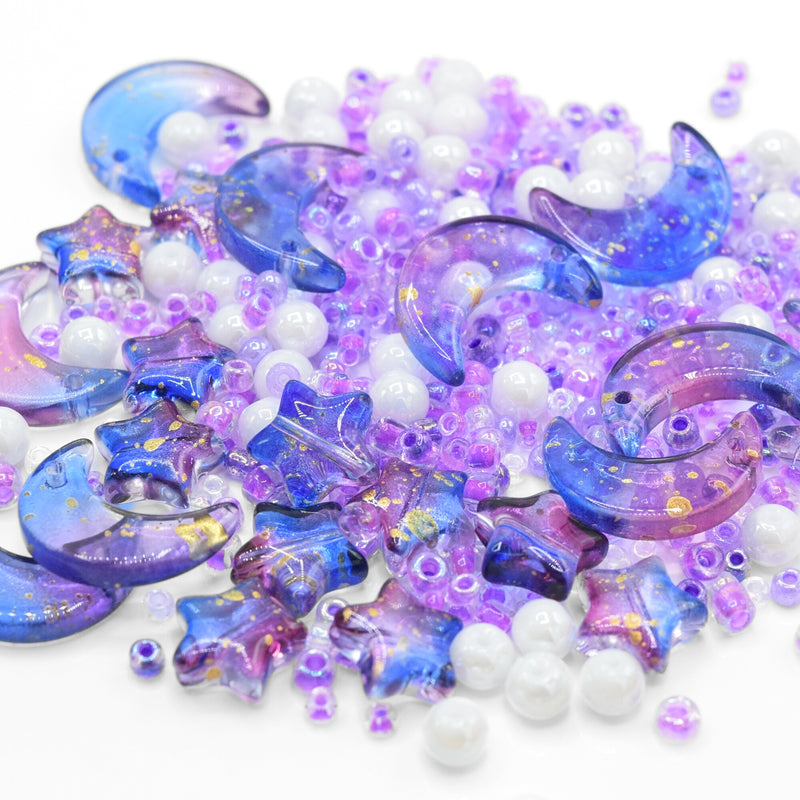 50g x Mixed Star & Moon, Type and Size Glass Beads - Lilac