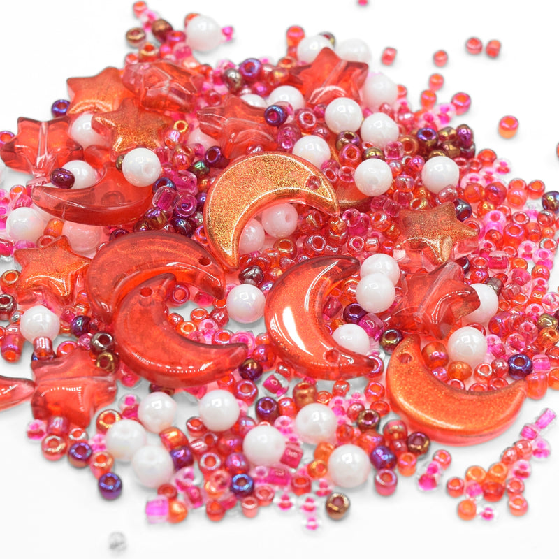 50g x Mixed Star & Moon, Type and Size Glass Beads - Red