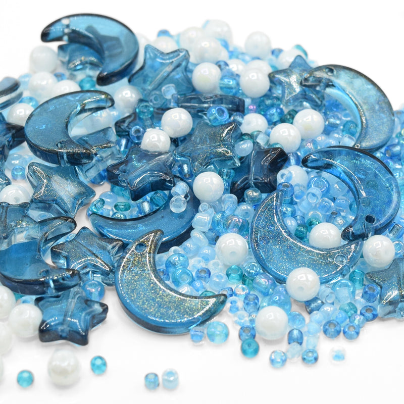 50g x Mixed Star & Moon, Type and Size Glass Beads - Turquoise