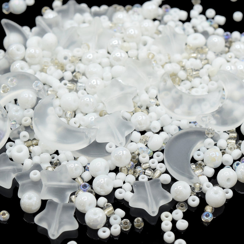 50g x Mixed Star & Moon, Type and Size Glass Beads - White