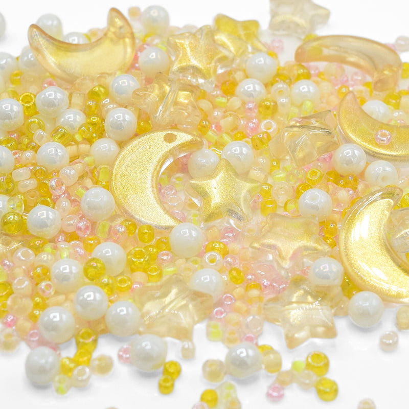 50g x Mixed Star & Moon, Type and Size Glass Beads - Yellow
