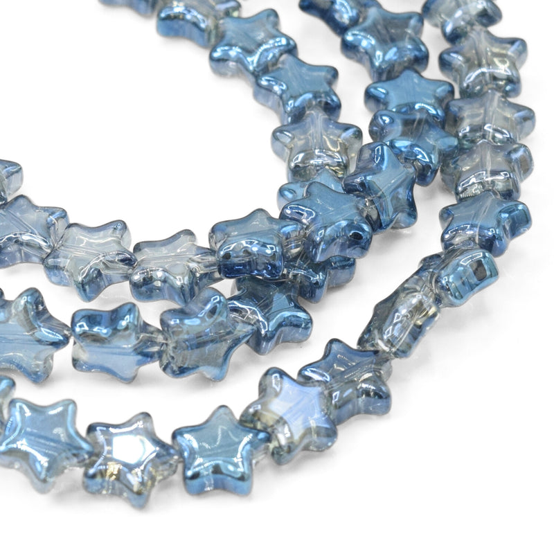 80 x Smooth Electroplated Glass Star Beads 9mm - Metallic Blue / Grey