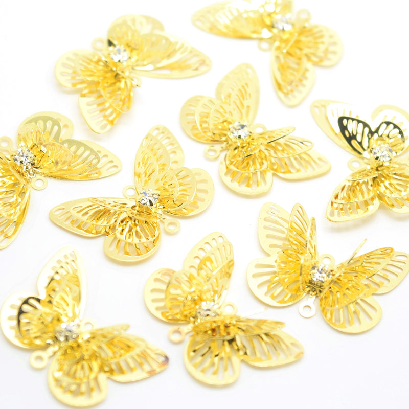 STAR BEADS: 10 x Filigree Butterfly Rhinestone Connectors 23mm - Gold Plated - Jewellery Findings