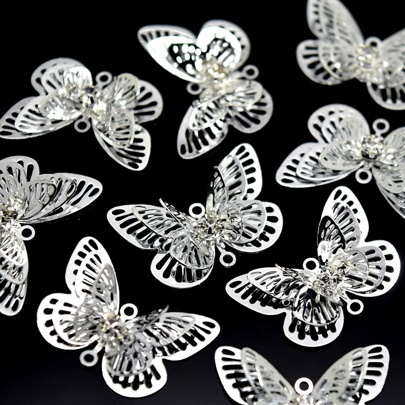 STAR BEADS: 10 x Filigree Butterfly Rhinestone Connectors 23mm - Silver Plated - Jewellery Findings