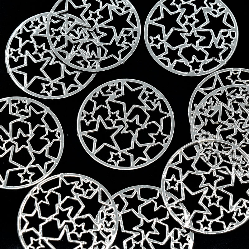 10 x Filigree Brass Round Stars Connectors 17.5mm - Silver Plated