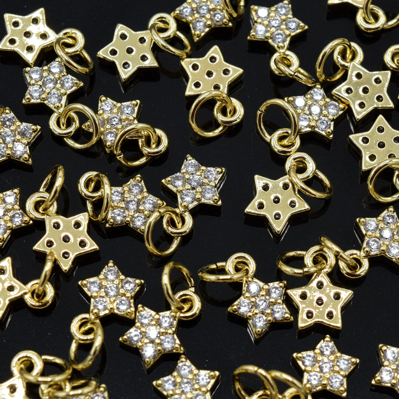 2 x Brass Micro Pave Cubic Zirconia Star Charm 8x5x2mm - 18K Gold Plated