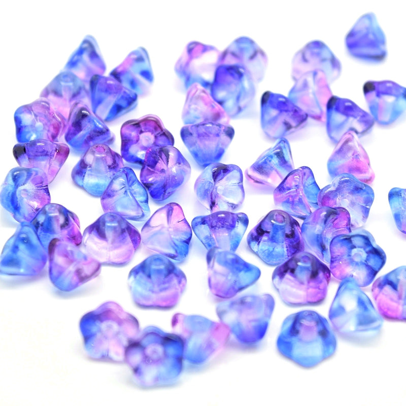 Czech Pressed Glass Bell Flower Beads 6x8mm (60pcs) - Blue / Pink