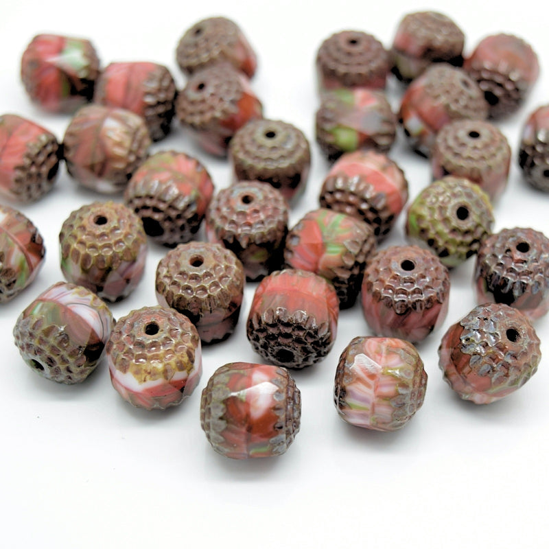 Czech Faceted Pressed Glass Cathedral Round Beads 10mm (15pcs) - Brown / Orange / Green