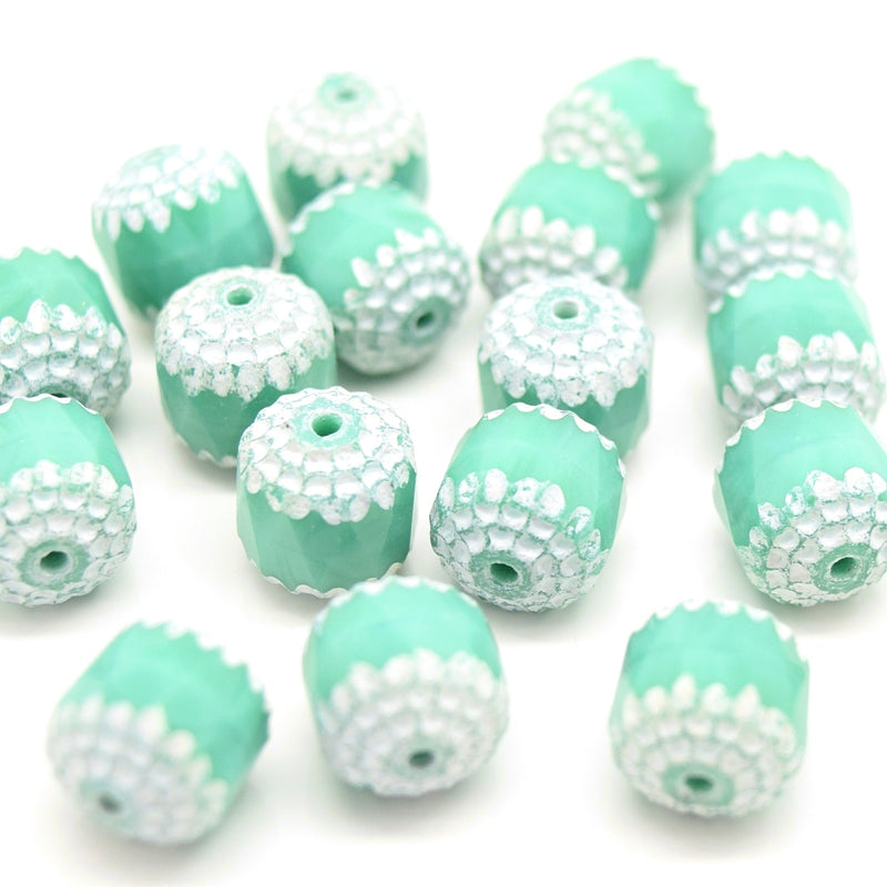 Czech Faceted Pressed Glass Cathedral Round Beads 10mm (15pcs) - Opaque Turquoise / White