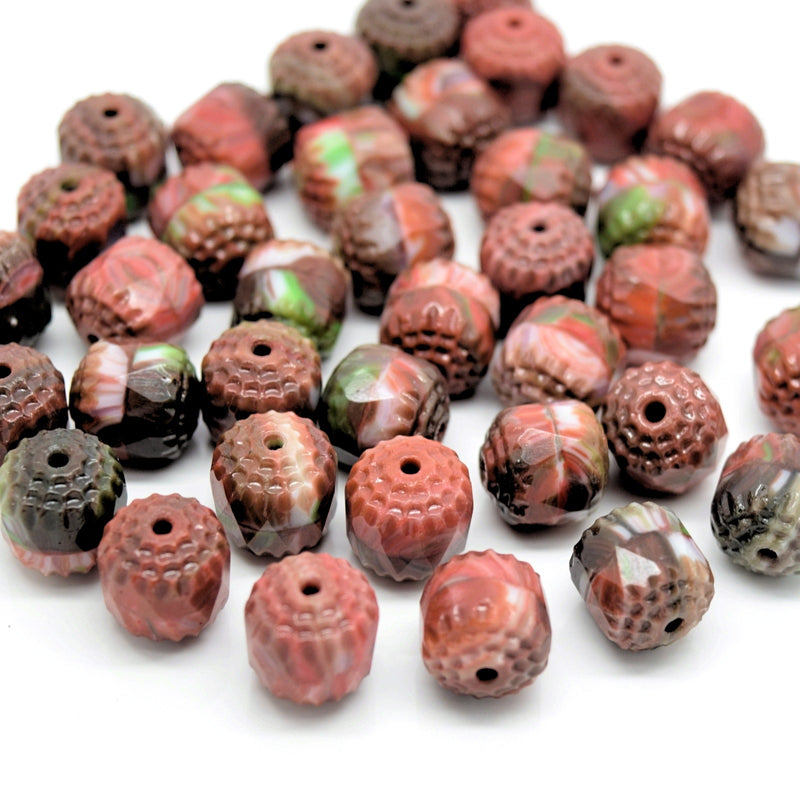 Czech Faceted Pressed Glass Cathedral Round Beads 10mm (15pcs) - Orange / Brown / Green
