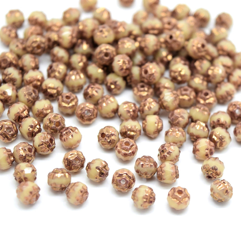 Czech Faceted Pressed Glass Cathedral Round Beads 4mm (120pcs) - Cream / Gold