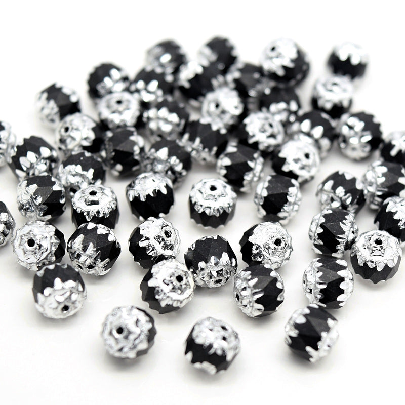 Czech Faceted Pressed Glass Cathedral Round Beads Pick Size - Black / Silver