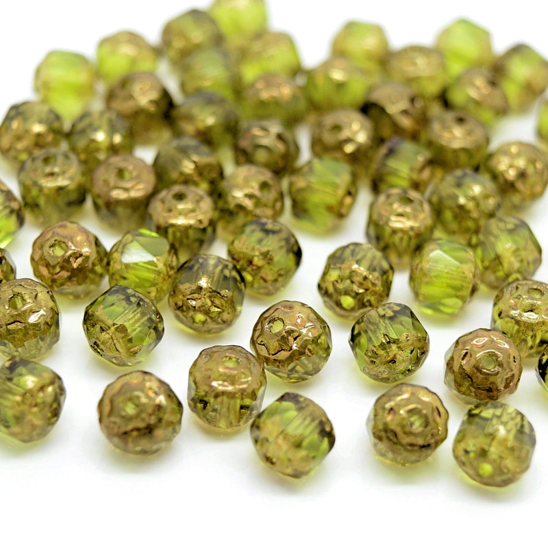Czech Faceted Pressed Glass Cathedral Round Beads Pick Size - Olivine / Bronze