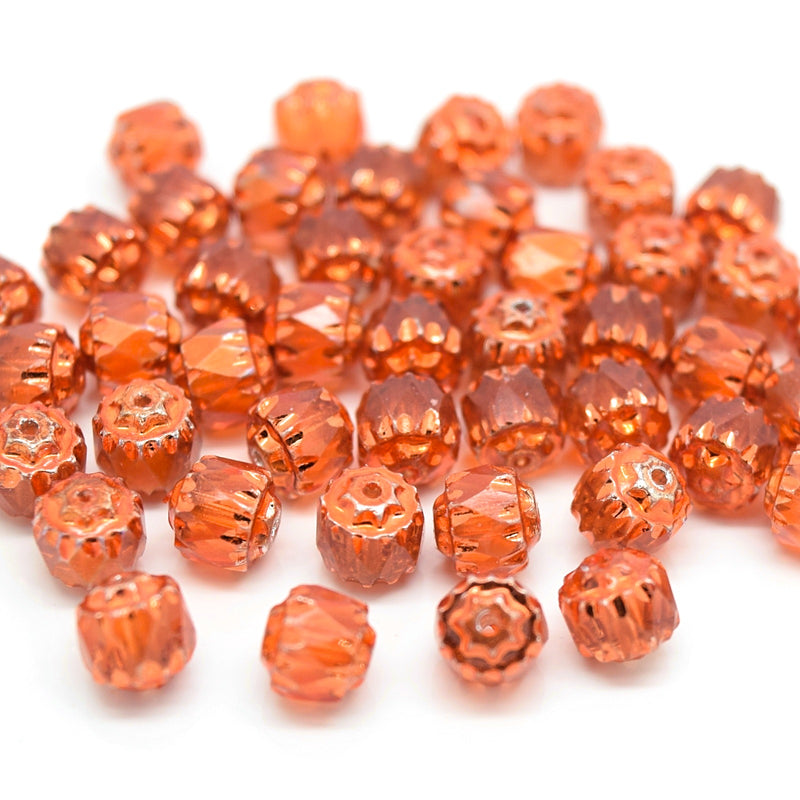 Czech Faceted Pressed Glass Cathedral Round Beads 6mm (60pcs) - Orange