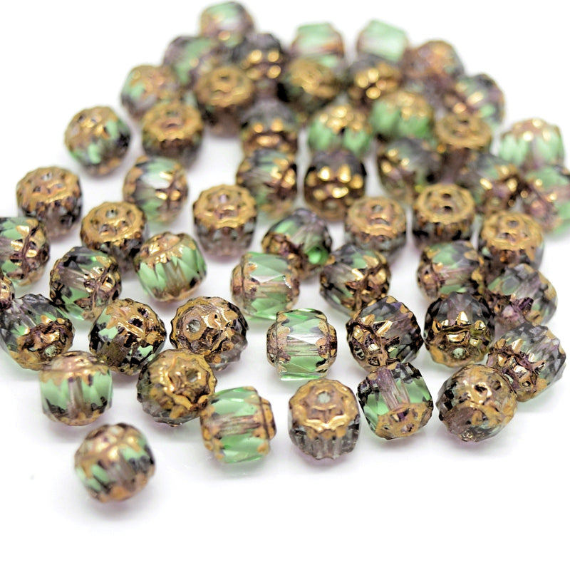 Czech Faceted Pressed Glass Cathedral Round Beads 6mm (60pcs) - Peridot / Bronze