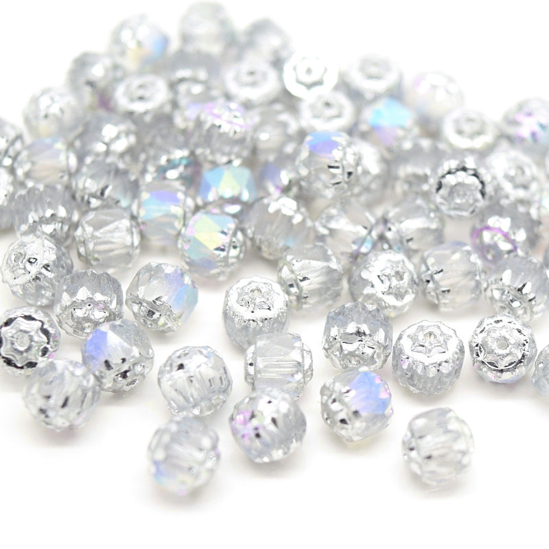 Czech Faceted Pressed Glass Cathedral Round Beads 6mm (60pcs) - Silver / AB