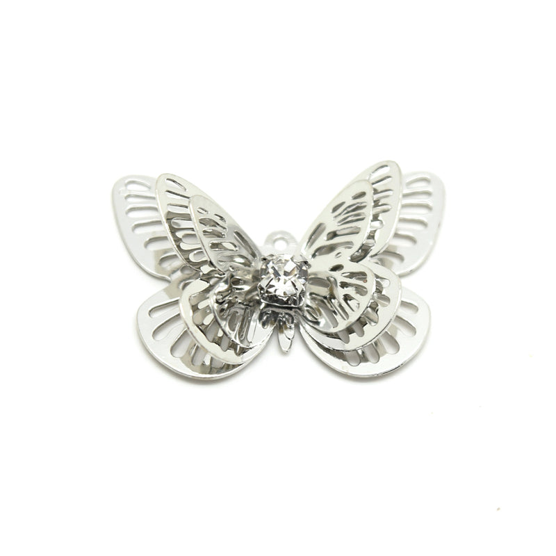 10 x Filigree Butterfly Rhinestone Pendant 23mm - Antique Silver Plated
