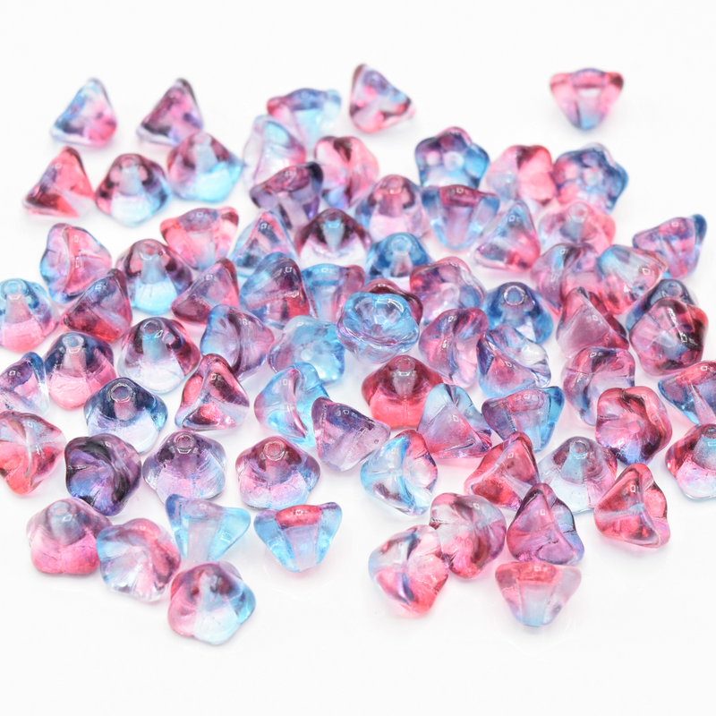 Czech Pressed Glass Bell Flower Beads 6x8mm (60pcs) - Pink / Aqua