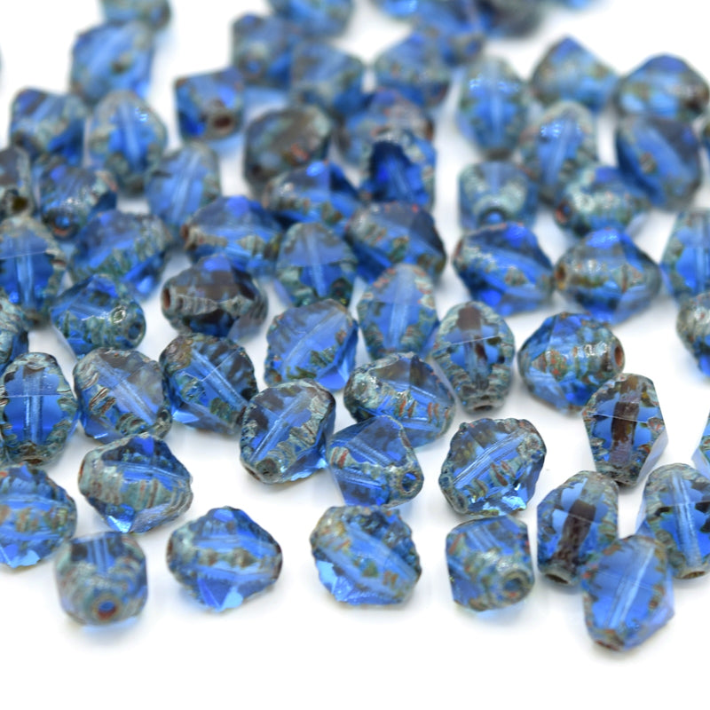 Czech Faceted Glass Bicone Bols Beads 8x6mm (30pcs) - Blue / Picasso