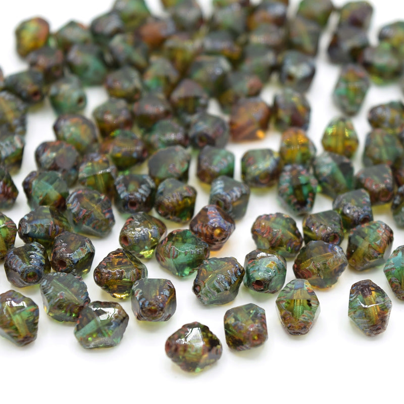 Czech Faceted Glass Bicone Bols Beads 8x6mm (30pcs) - Green / Topaz / Picasso