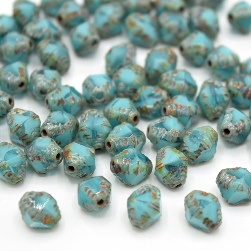 Czech Faceted Glass Bicone Bols Beads 8x6mm (30pcs) - Opaque Light Blue / Picasso
