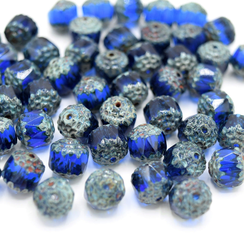 Czech Faceted Pressed Glass Cathedral Round Beads 8mm (30pcs) - Blue / Picasso