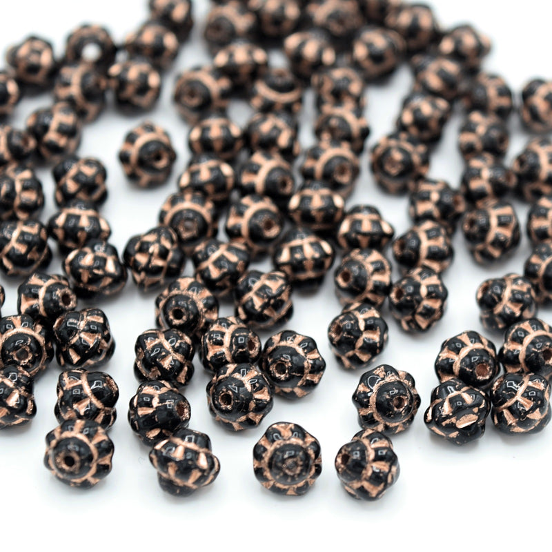 Czech Pressed Glass Daisy Bicone Spacer Beads 6mm (120pcs) - Black / Topaz