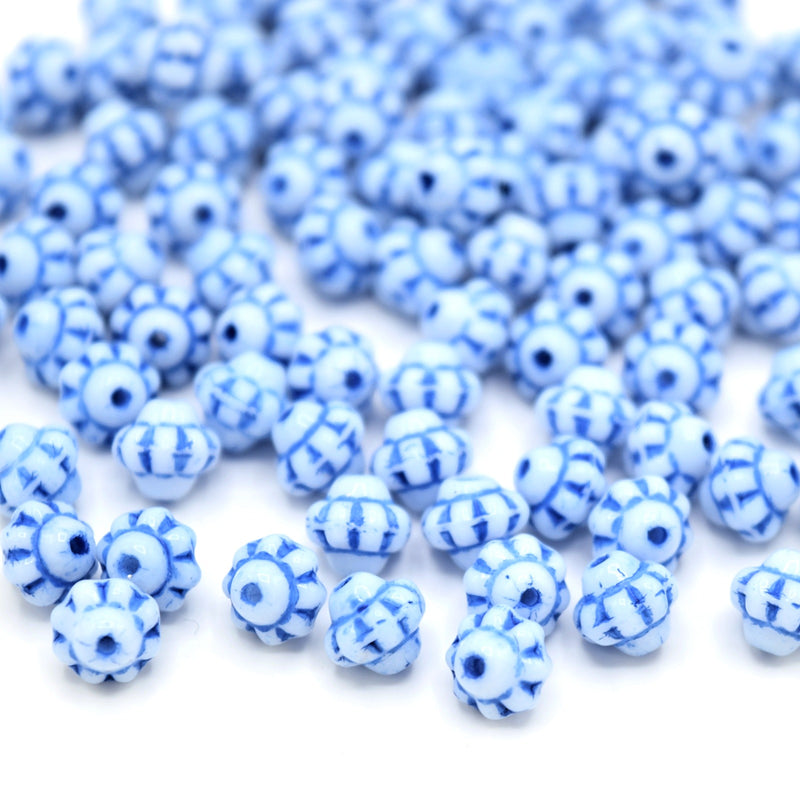 Czech Pressed Glass Daisy Bicone Spacer Beads 6mm (120pcs) - White / Blue
