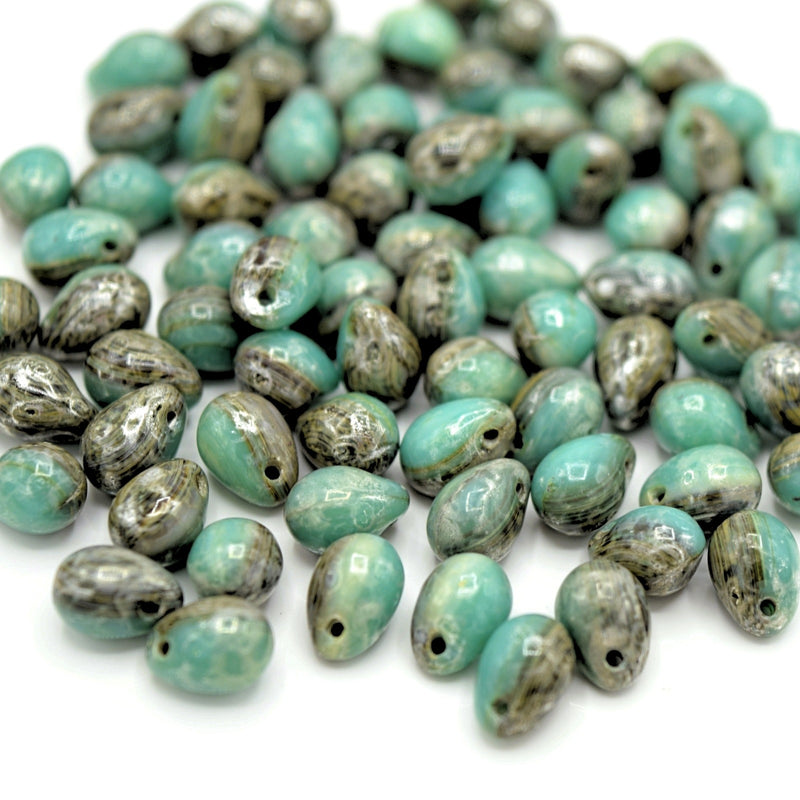 Czech Pressed Glass Drop Beads 7x5mm (60pcs) - Green / Picasso