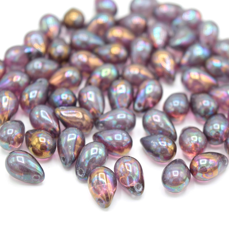 Czech Pressed Glass Drop Beads 6x9mm (60pcs) - Amethyst Multi
