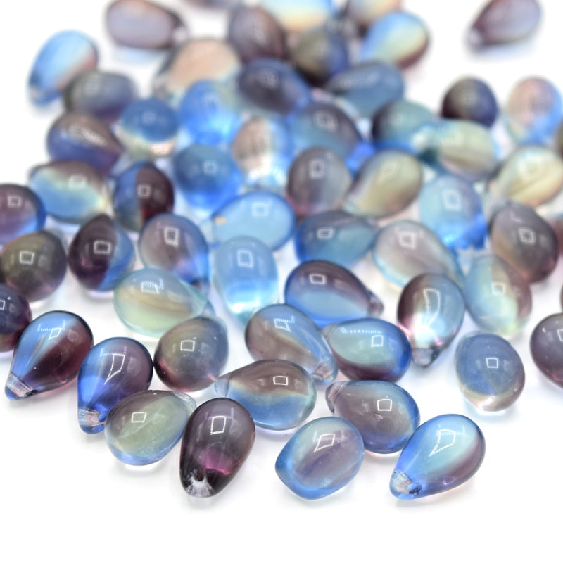 Czech Pressed Glass Drop Beads 6x9mm (60pcs) - Green / Blue / Amethyst