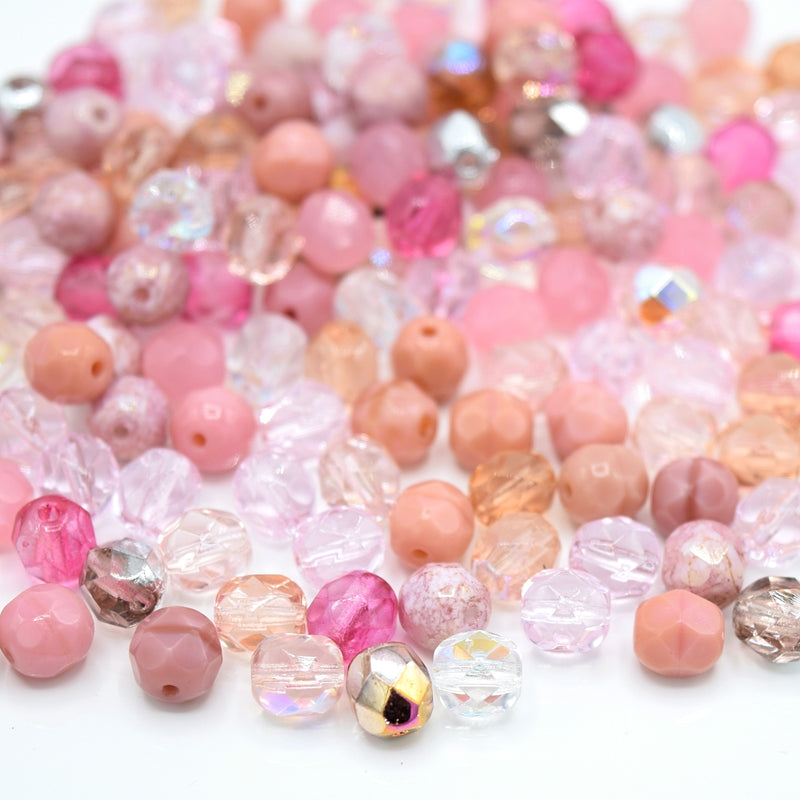 Czech Fire Polished Mix Faceted Glass Round Beads Pick Size -  Pink