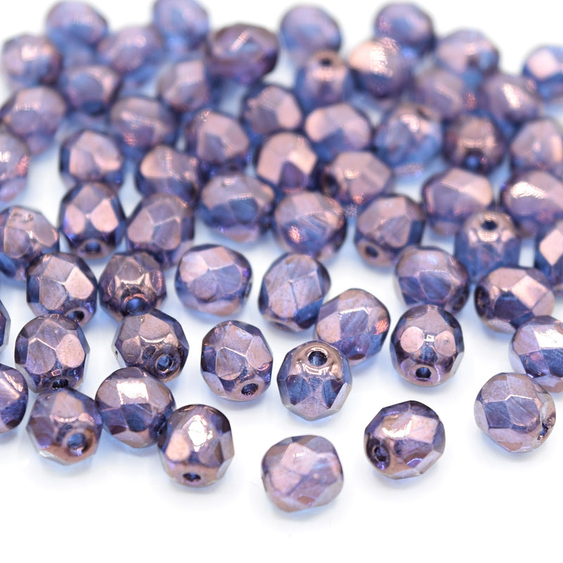 Czech Fire Polished Mix Faceted Glass Round Beads 6mm (60pcs) - Violet / Bronze