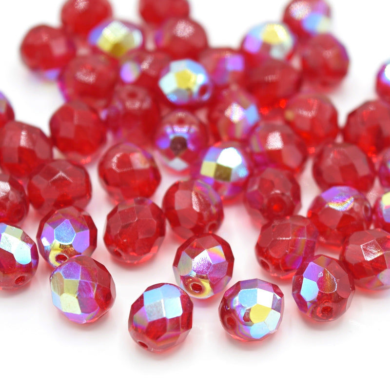 Czech Fire Polished Mix Faceted Glass Round Beads 8mm (30pcs) - Red AB