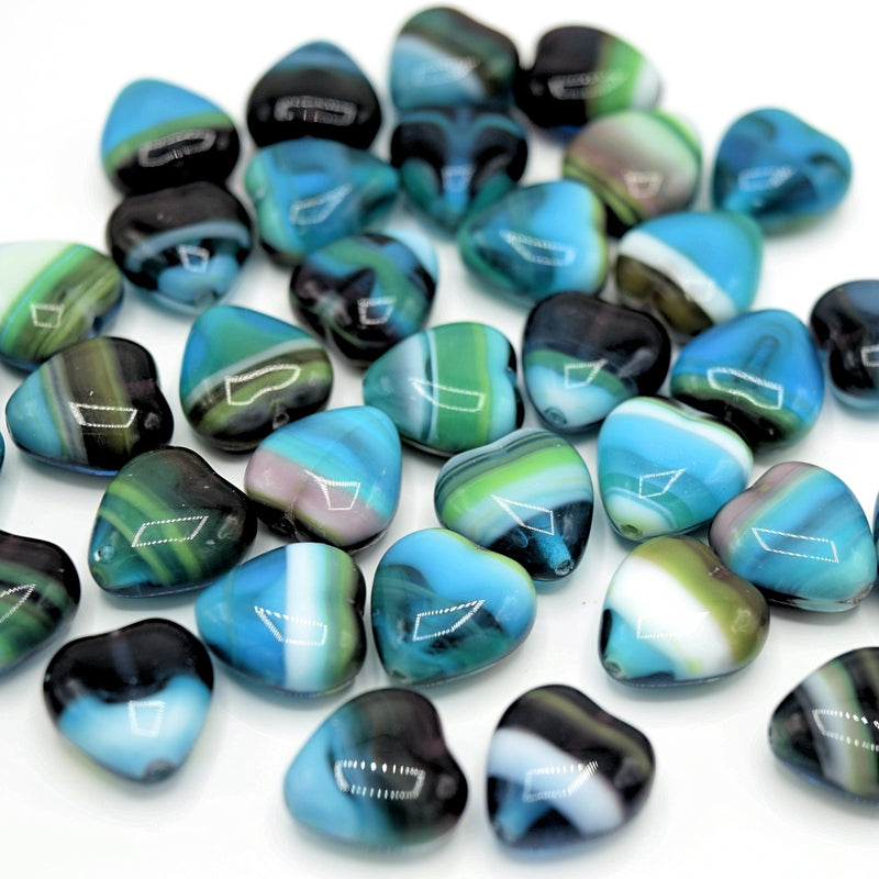 Czech Pressed Glass Heart Beads 11.5x11.5mm (30pcs) - Blue / Green / White
