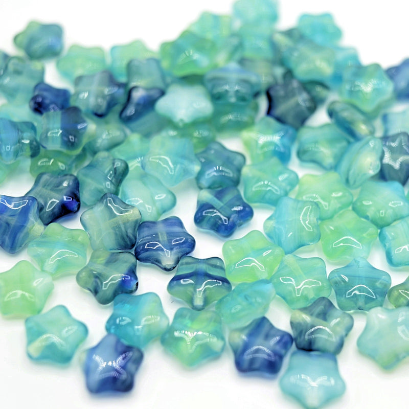 Czech Pressed Glass Star Beads 8mm (40pcs) - Green / Blue