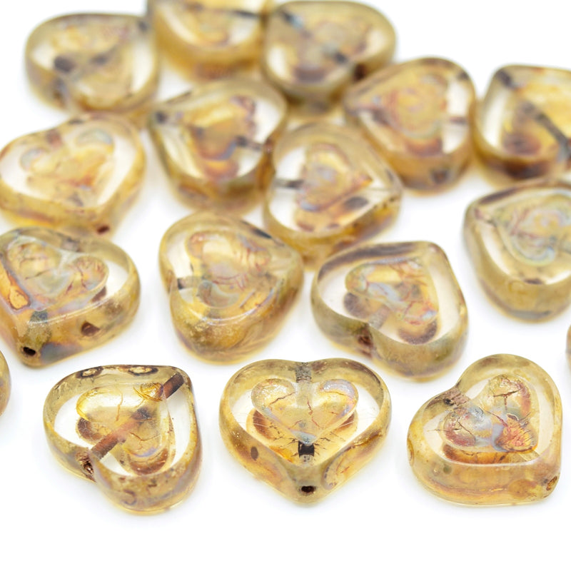 Czech Table Cut Glass Heart Beads 14x12mm (10pcs) - Clear / Picasso