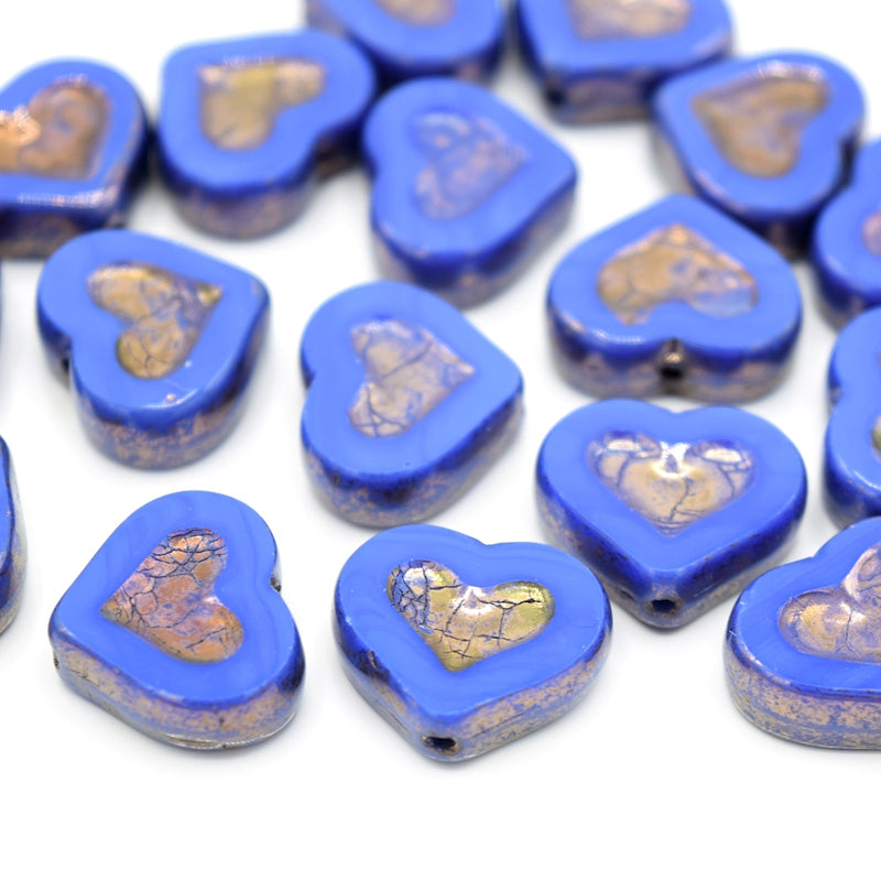 Czech Table Cut Glass Heart Beads 14x12mm (10pcs) - Light Blue / Gold