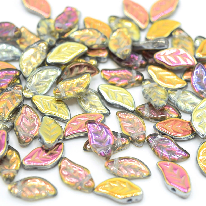 Czech Pressed Glass Leaf Beads 6x12mm (30pcs) - Grey / Gold / Pink