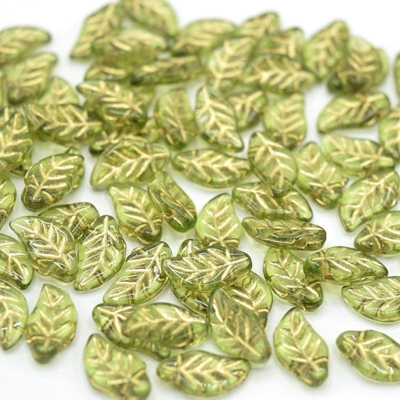 Czech Pressed Glass Leaf Beads 6x12mm (30pcs) - Olivine / Gold