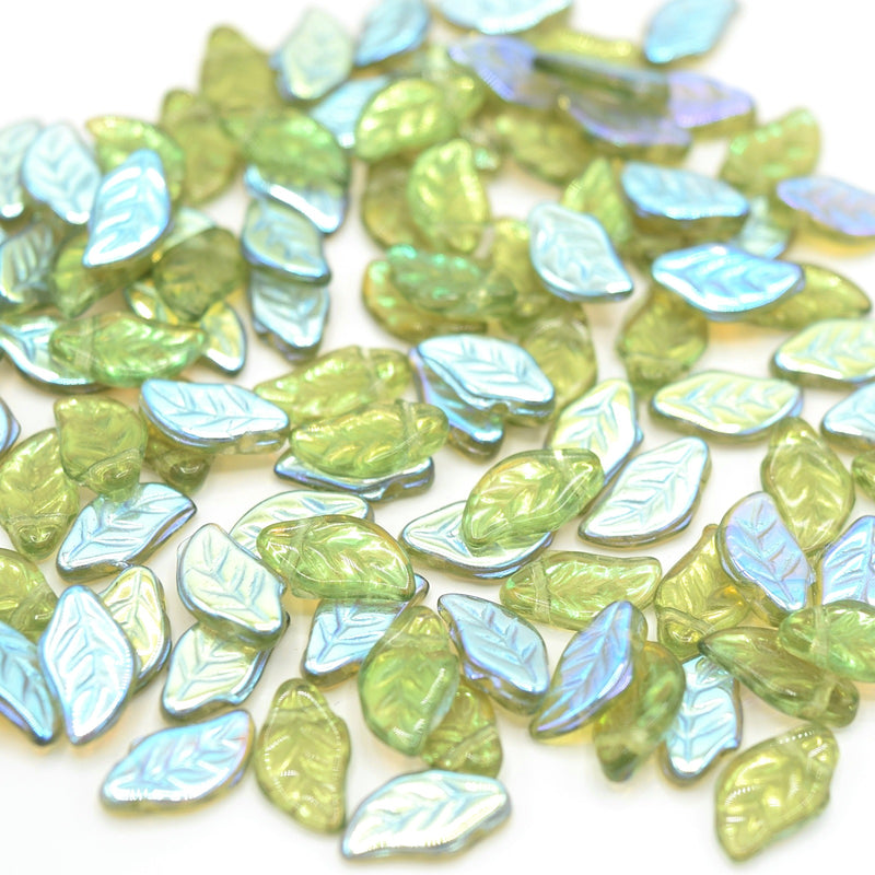 Czech Pressed Glass Leaf Beads 6x12mm (30pcs) - Peridot AB