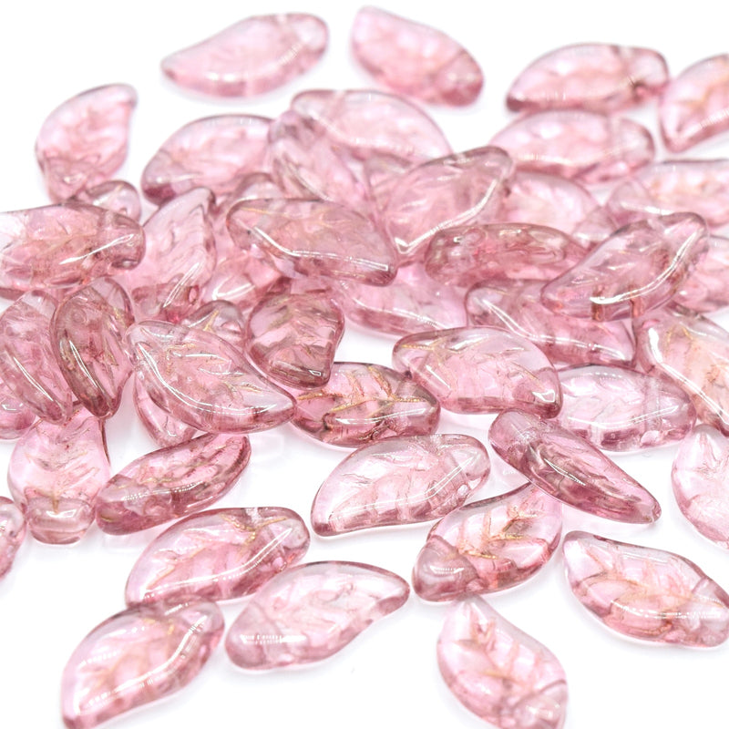 Czech Pressed Glass Leaf Beads 6x12mm (30pcs) - Pink